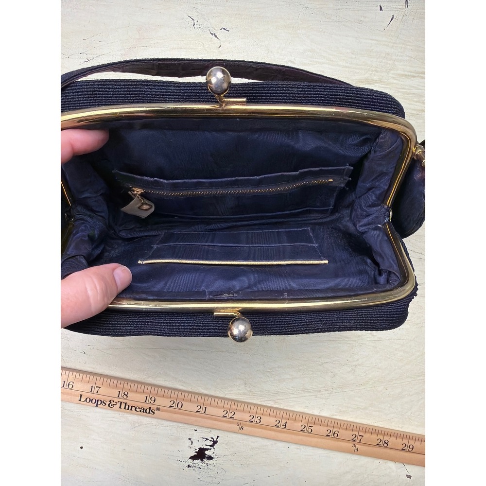 Genuine Corde Handbag Women‎ Small Navy Blue Vintage Kiss Lock Corded Bag VTG - Picture 6 of 8